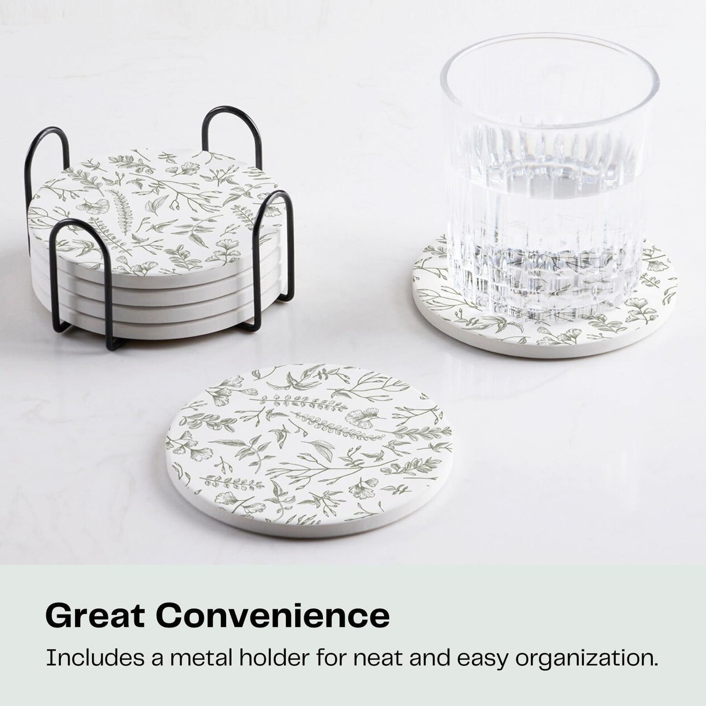 Hoomey Set of 6 Floral Sage and White Coasters with Holder, Absorbent Ceramic Drink Coasters with Cork Backing for Table Protection, Coffee Table Décor