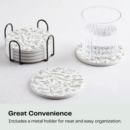 Hoomey Set of 6 Floral Sage and White Coasters with Holder, Absorbent Ceramic Drink Coasters with Cork Backing for Table Protection, Coffee Table Décor