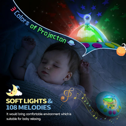 Baby Musical Crib Mobile with Hanging Rotating Toys, Remote Control, Lights Projector Function Music Box, Cartoon Rattles for Babies Boy Girl 0-24 Months, Newborn Sleep with 108 Melodies (Plane)