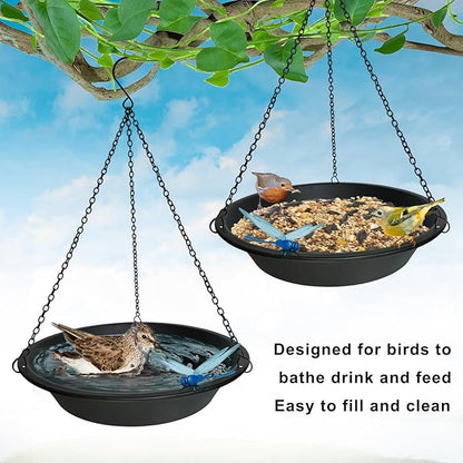 Hanging Bird Bath for Outdoors 11.4 inch Birdbath Bowl Window Birds Feeder with Rust-Proof Black Chains Hooks Metal BirdBaths Hanging Bird-Feeder for Garden Backyard Decor Metallic Black
