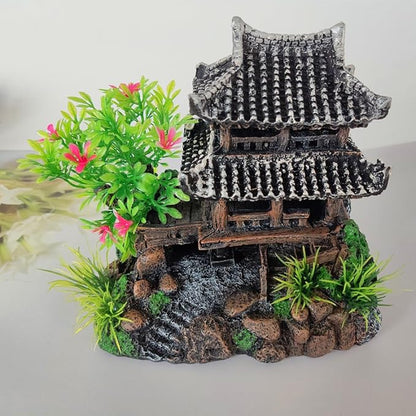Aquarium Decoration Chinese Ancient Tower, Resin Small Fish Tank Hideout Hut Accessories, Artificial Landscape Decor Hideaway House with Tree Moss, Hollow Hideout Castle Ornament (Building)