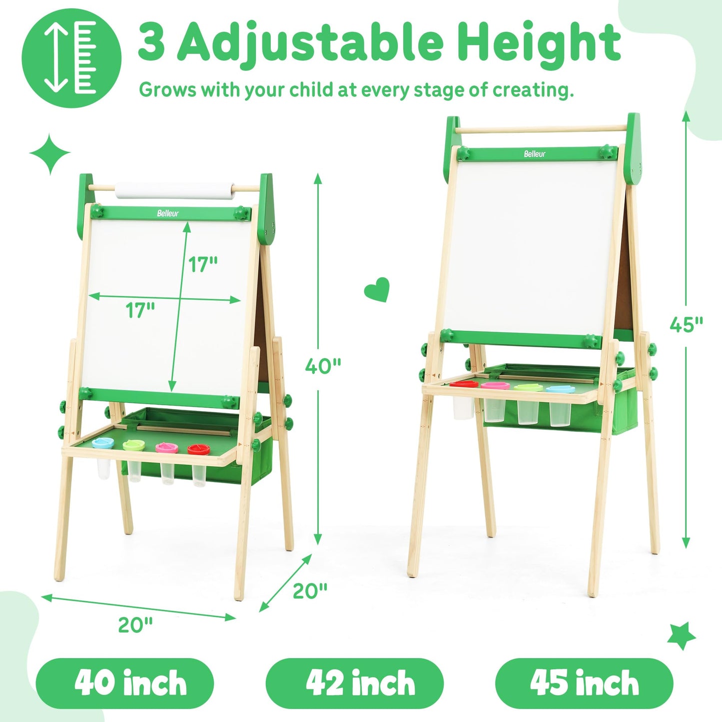 Belleur All-in-One Art Easel for Kids, Adjustable Double Sided Easel for Toddlers with Magnetic Whiteboard & Dry-Erase Chalk Board & Paper Roll, Child Painting Easel for Kid 2-8 Birthday Gift-Green