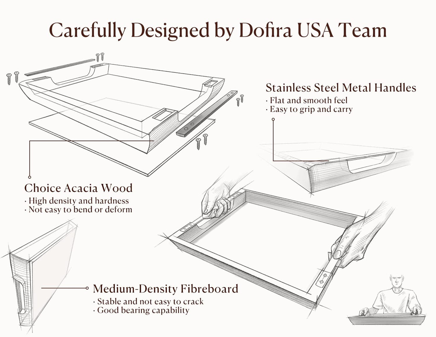 Dofira Acacia Wood Serving Tray with Metal Handles, 17x13in Food Drinks Tray for Coffee Table, Breakfast, Dinner & Bar, Rustic Decorative Storage Tray for Ottoman, Kitchen, Elegent Gift for Father