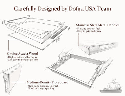 Dofira Acacia Wood Serving Tray with Metal Handles, 17x13in Food Drinks Tray for Coffee Table, Breakfast, Dinner & Bar, Rustic Decorative Storage Tray for Ottoman, Kitchen, Elegent Gift for Father