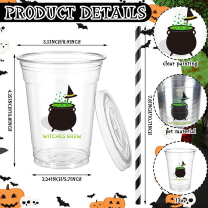 Bokon 100 Sets 12 oz Halloween Cups Witch Theme Clear Plastic Disposable Cups with Lids and Paper Straws Halloween Party Supplies for Party Coffee Beer Beverage Ice Cream Snack Candy