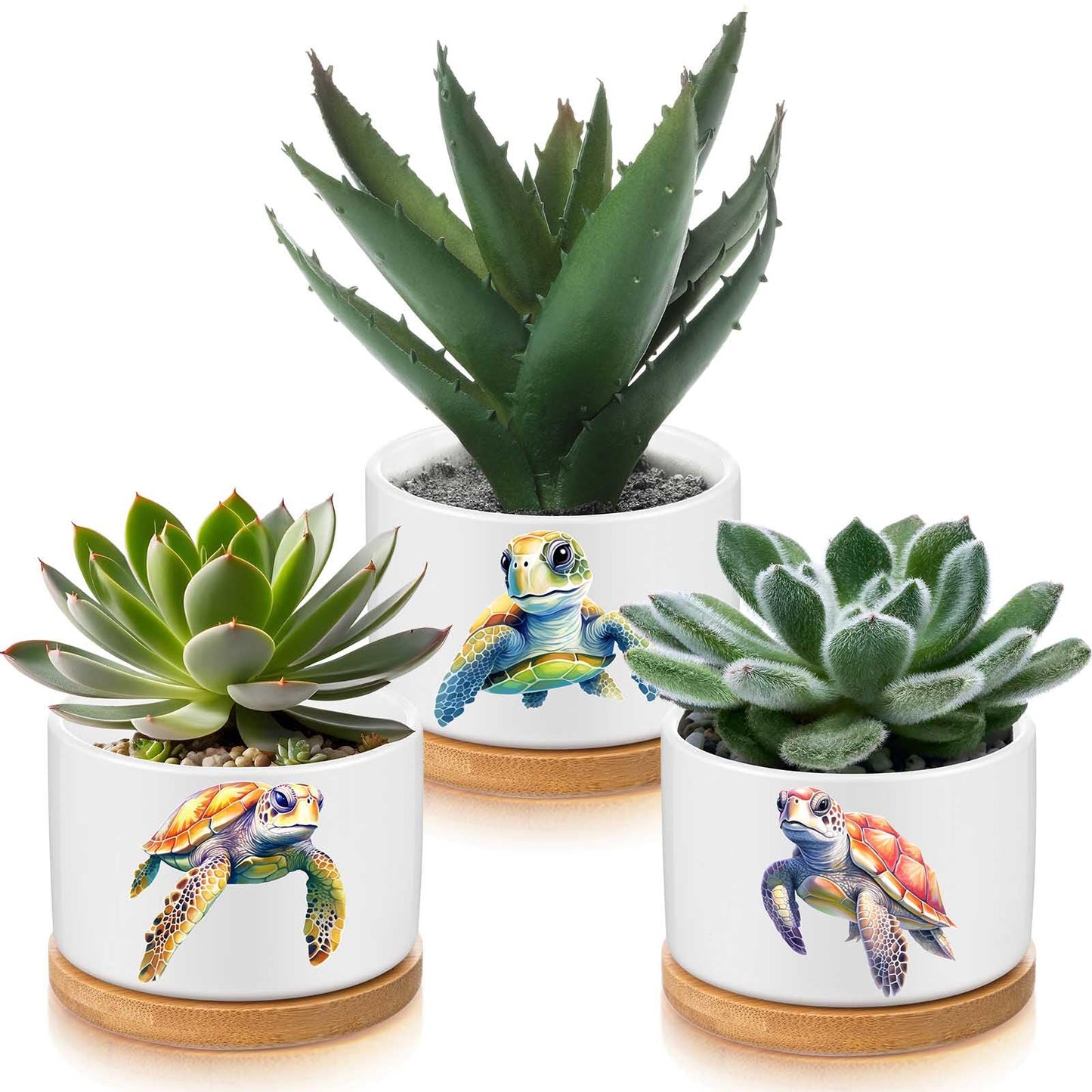 Jingmore 3 Pcs Sea Turtle Decor Gift for Women Planter Ceramic Gift Animal Plant Pot with Bamboo Tray for Office Home Farm House Bathroom Kitchen Christmas Decorations (No Plants Included)