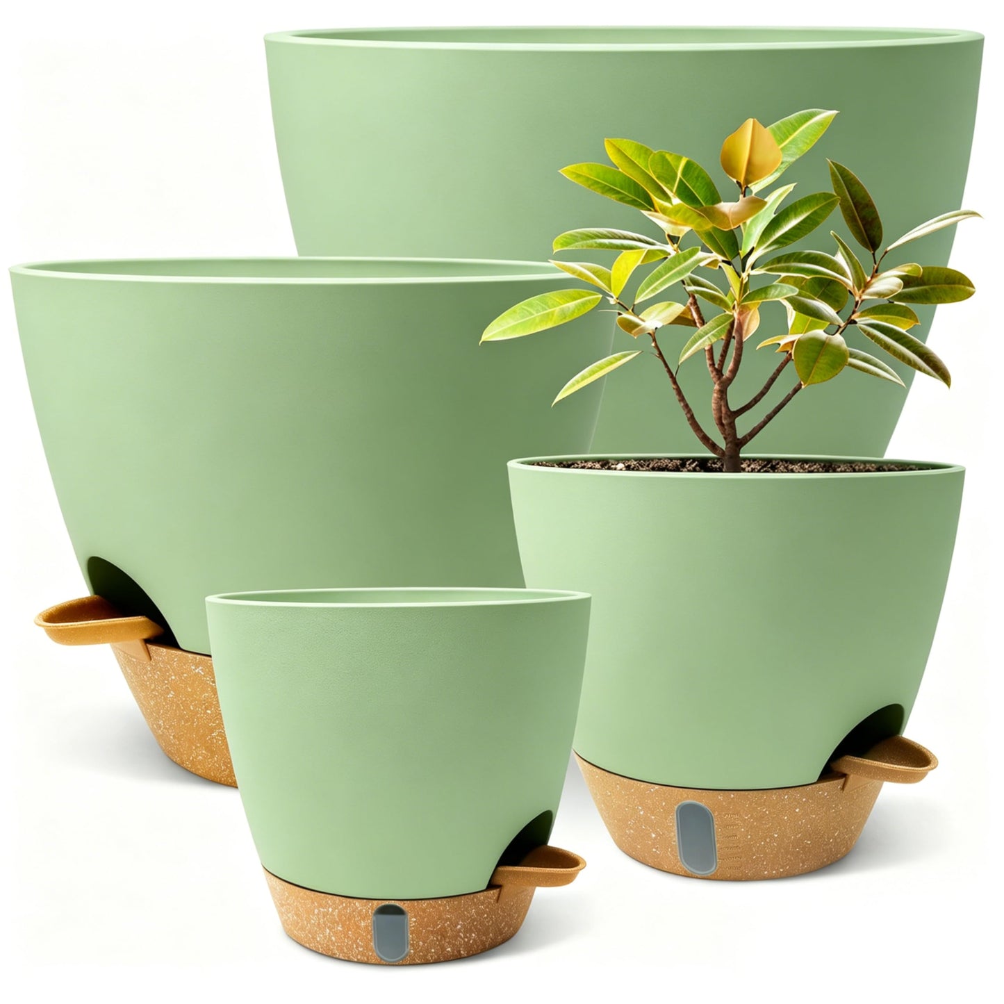 MNKXL 12"/10"/9"/8" Self Watering Pots with Visual Water Window,Extra Large Self Watering Plant Pots with Drainage Holes & Saucers,Green Planters for Indoor Plants,4-Pack