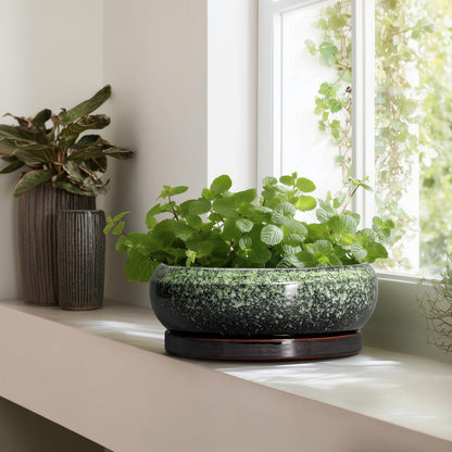 EPFamily Bonsai Pots - 13 Inch Ceramic Succulent Planters Indoor, Round Shallow Planter with Drainage Hole and Saucer, Large Succulent Pot, Bowl Planter Outdoor, House Decor, Housewarming Gift, Green