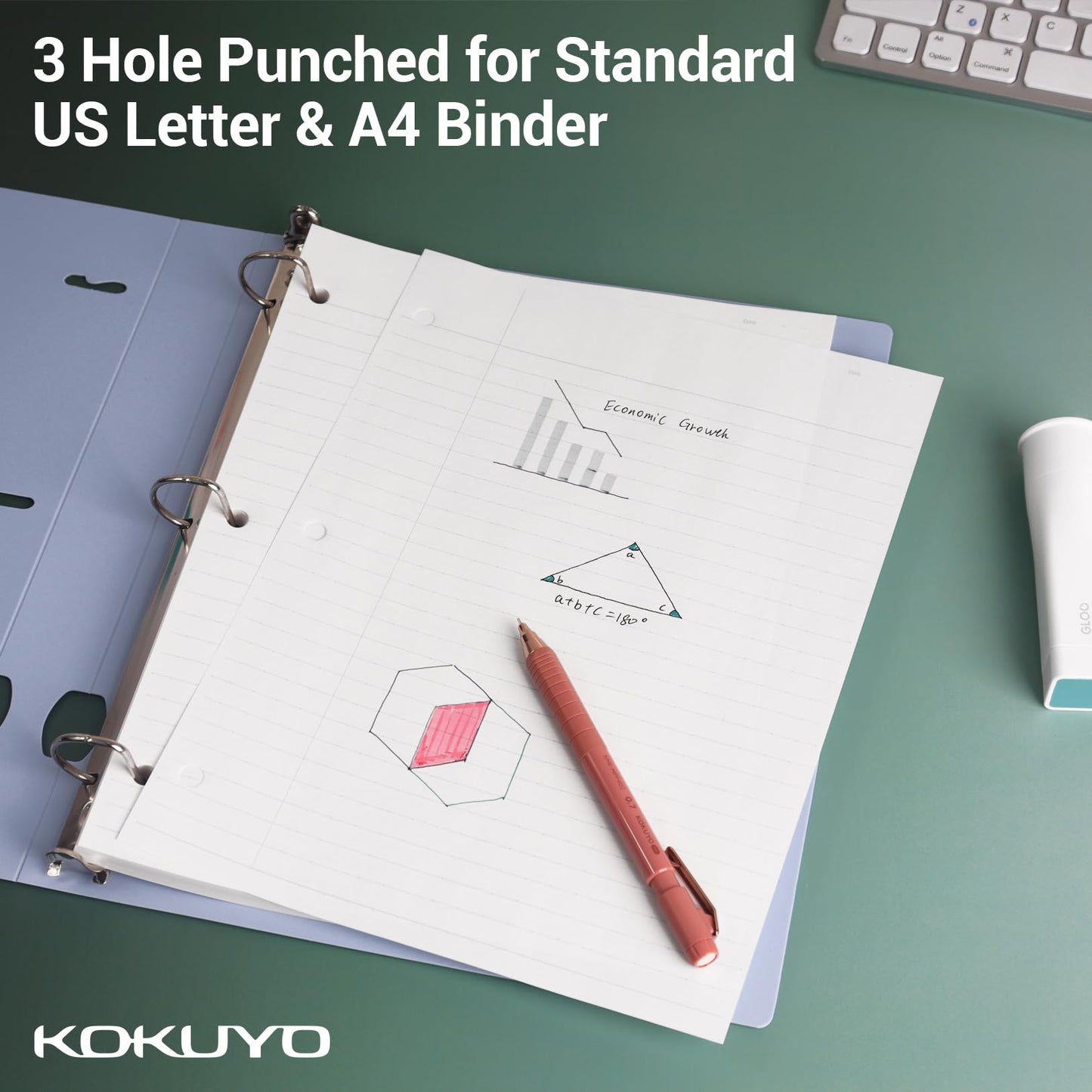 Kokuyo Filler Papers, 8-1/4"x11”, Wide Ruled 3 Hole Punched Loose Leaf Paper, 300 Sheets Bleed Resistance Notebook Paper, Japanese Smooth Lined Paper for 3 Ring Binders School Supplies