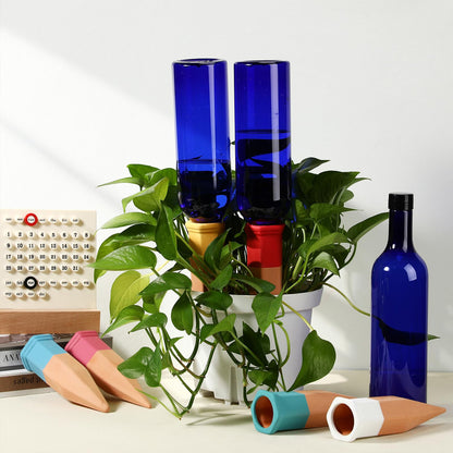 SiliFine 6 Sets Plant Watering Devices Include Terracotta Self Watering Spikes and 26 oz Plastic Bottles, Slow Release Vacation Insert Automatic Plant Waterer Device (Blue and Mixed Color)
