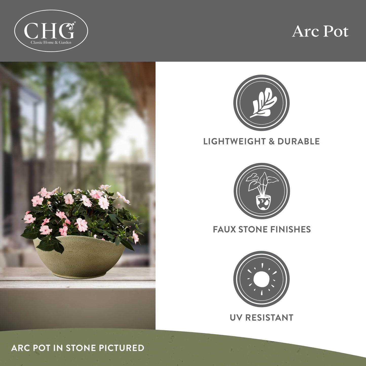 Classic Home and Garden Arc Unique Planter Bowl w/Drain Plug - UV Resistant Shallow Planter - Modern Plant Pot for Herbs (12.5” Georgia Clay)