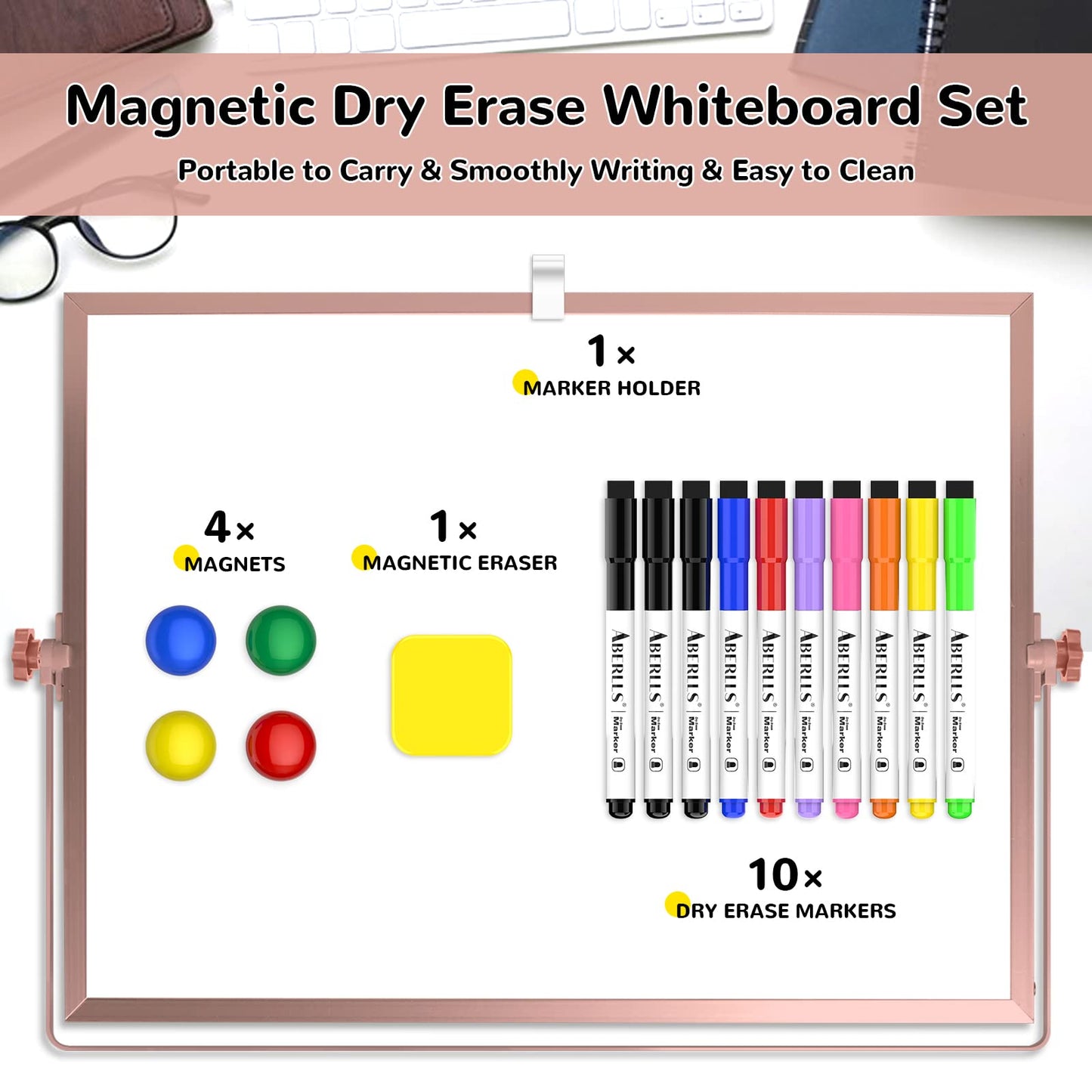 16 x 12 inches Dry Erase Whiteboard, Rose Gold Magnetic Desktop Double-Sided White Board with Stand, 10 Markers, 1 Eraser, 4 Magnets, Portable Whiteboard Easel for School Office Home