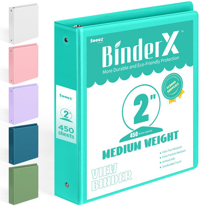 BinderX Extra Durable 3 Ring Binder, Round Ring 2 Inch Binders, Fits 450 Sheets of 8.5x11 Paper, Customizable View Cover with Inside Pockets, Cute 2" Binder, School Supplies for Girls, Aqua Blue
