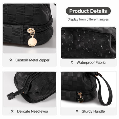 Abiudeng Large Makeup Bag for Women,Travel Makeup Organizer with Brush Holder, Dopp Kit Essentials,Waterproof Checkered Cosmetic Bag for Traveling,Multi Compartment,Cute,Spacious Capacity-Black