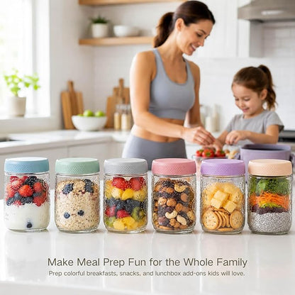 Glass Overnight Oats Containers with Airtight Lids, Decorative Mason Jars | Glass Food Storage Containers for Meal Prep, Chia Seed Pudding, Salad, Snacks, Yogurt, 6 pack16oz, Wide Mouth,Dishwasher Safe