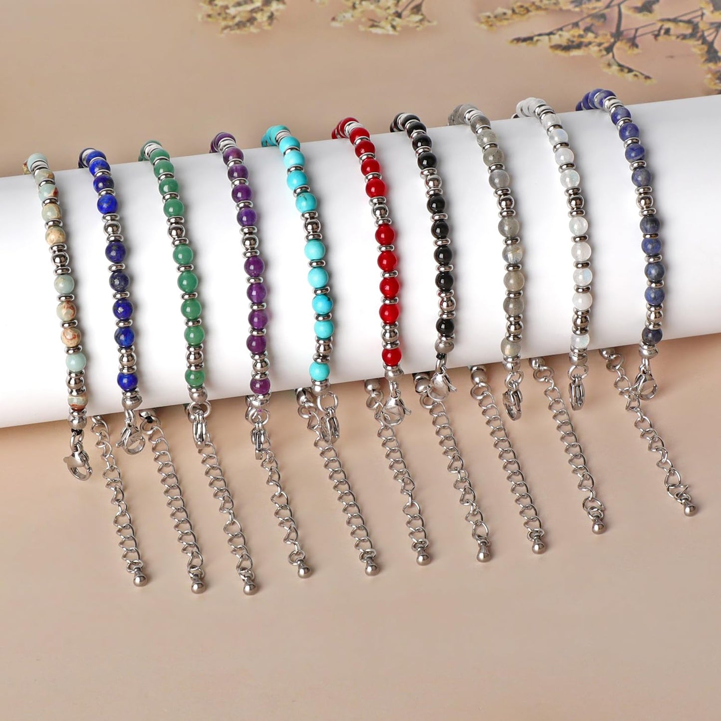 4mm Moonstone Tiny Beaded Bracelets For Women, Energy Gem Charm Jewelry Adjustable Bracelet Gifts for Mom, Daughter, Wife, Coworkers, Friends, Bestie