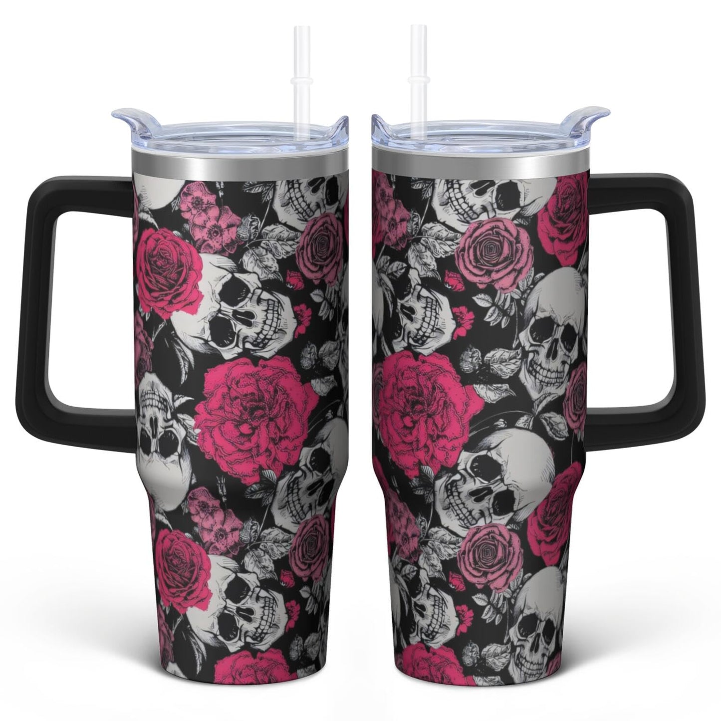 Kearscupra 30oz Skull Tumbler with Handle and Straw,Skeleton Gothic Floral Stainless Steel Insulated Cup with Lid and Straw,Travel Coffee Mug Water Bottle,Halloween Birthday Gifts for Women Men