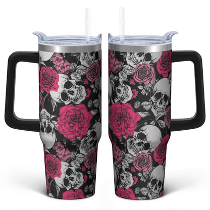 Kearscupra 30oz Skull Tumbler with Handle and Straw,Skeleton Gothic Floral Stainless Steel Insulated Cup with Lid and Straw,Travel Coffee Mug Water Bottle,Halloween Birthday Gifts for Women Men