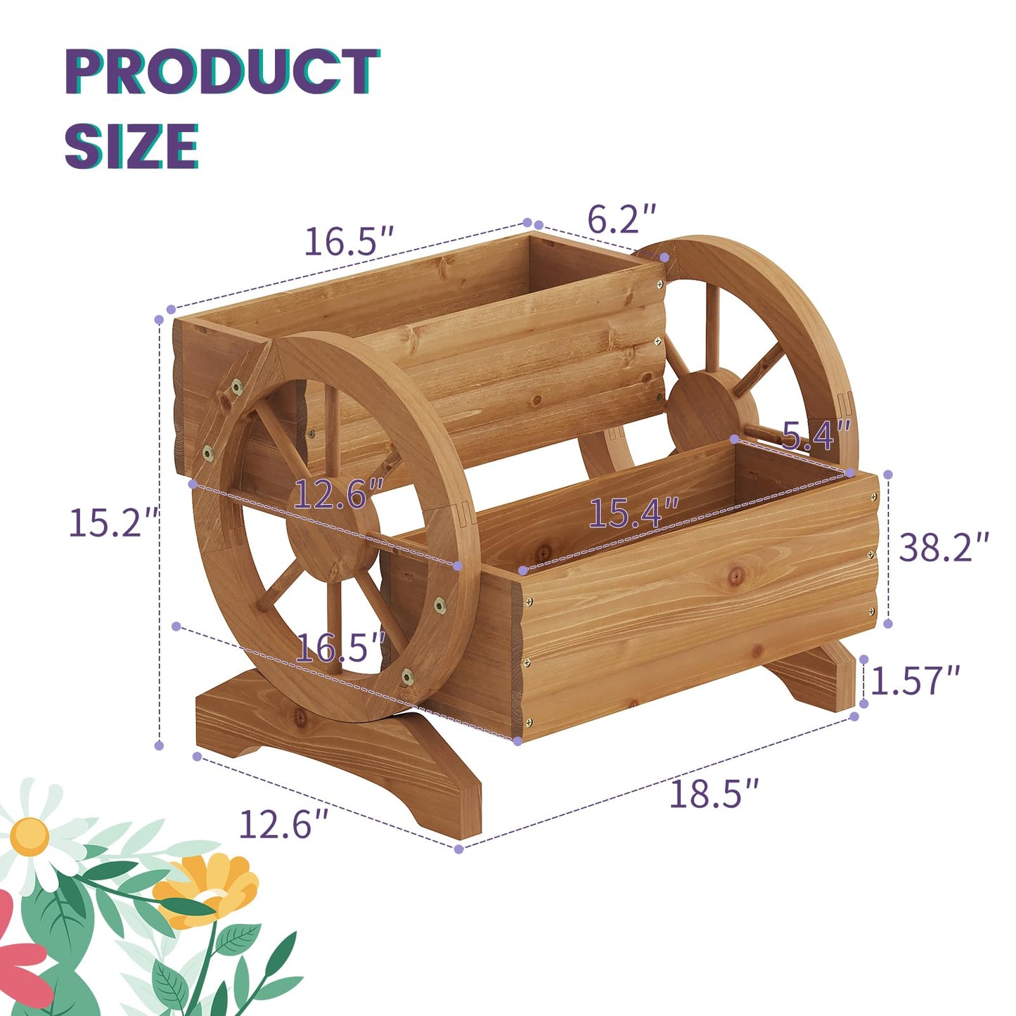 Wieghda Wooden Wagon Planter Box, Standing Garden Planter, Decorative Outdoor Container,Coffee