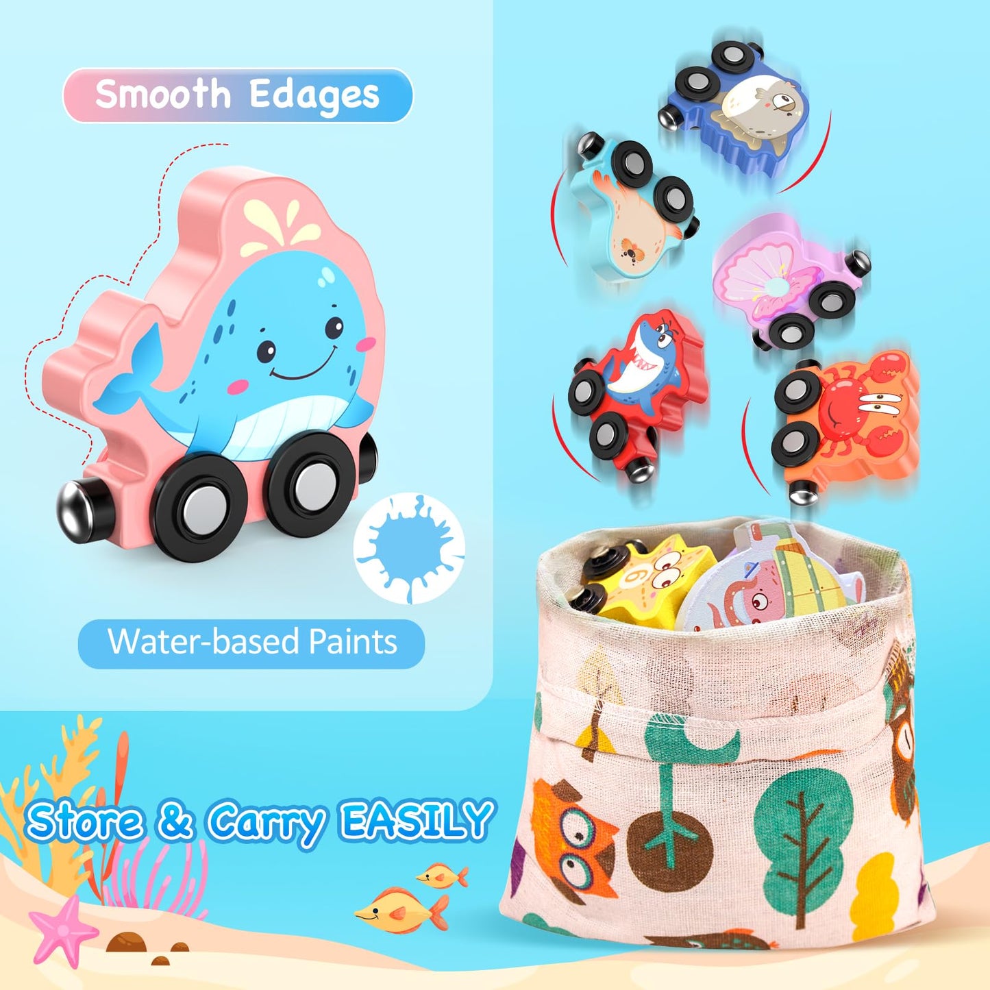 Zeoddler Toys for Toddlers, 11 Magnetic Wooden Sea Animals Train Set, Montessori Toys for Toddlers, Educational Activities for Kids, Birthday Gifts for Boys, Girls