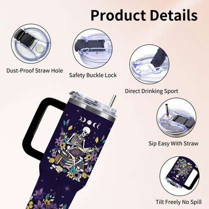 Book Lovers Gift for Women - Gothic Style Skeleton Reader 40 oz Tumbler with Handle and Straw, Stainless Steel Insulated Coffee Travel Cup for Women Men Reading Gifts Halloween Skull Birthday Gift