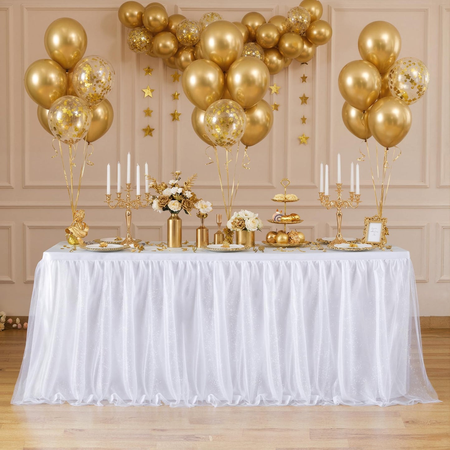 Besutolife 6FT Tulle Table Skirt for Rectangle Tables White 3-Layer Tutu Desk Skirts Ruffled Shimmer Table Skirting for Birthday Wedding Parties Gender Reveal Baby Shower Cake Dessert Table Decor