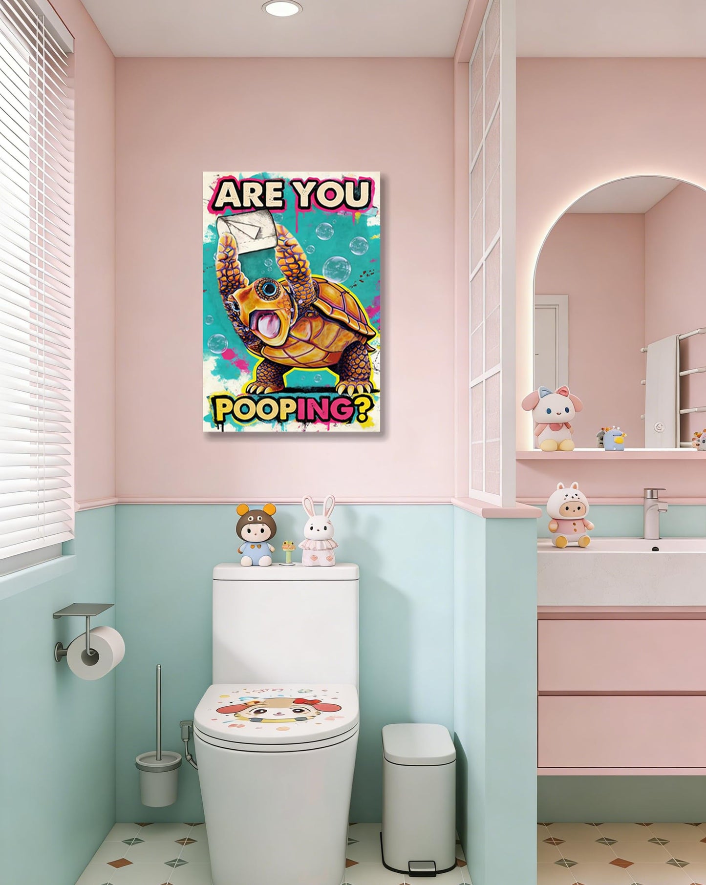 Funny Turtle Bathroom Wall Art Painting, Are You Pooping? Graffiti Humor Canvas Print, Teal Pop Art Bathroom Poster Decor, 16x24 Inch Framed Wall Picture for Bathroom Restroom Toilet Washroom