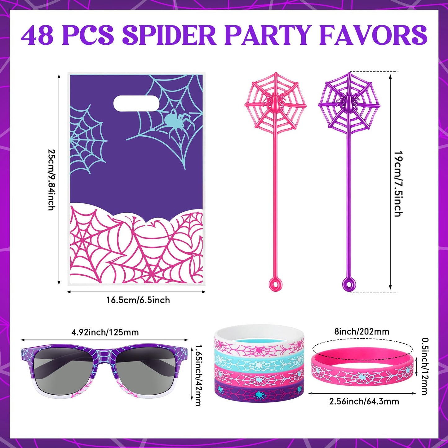 Soulchen 48 Pieces Spiderweb Birthday Party Decoration Set Spiderweb Gift Bags Spider Silicone Bracelet Sunglasses Cobweb Sticky Hands Toys for Birthday Party Supplies Favors (Night)