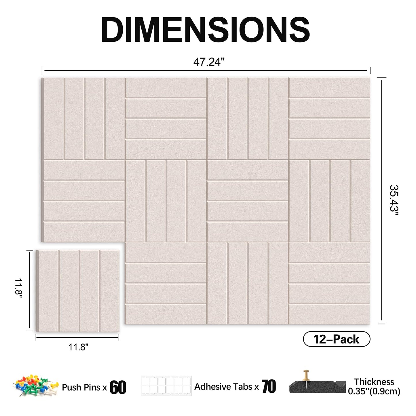 Sesiyoiu 12-Pack Felt Bulletin Board, 47.2" x 35.4" Large Cork Board Alternative for Walls Decor, with 60 Pushpins, 70 Damage-Free, Thick Pin Board for Office, Home, Classroom - Oatmeal