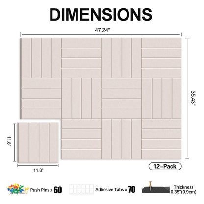 Sesiyoiu 12-Pack Felt Bulletin Board, 47.2" x 35.4" Large Cork Board Alternative for Walls Decor, with 60 Pushpins, 70 Damage-Free, Thick Pin Board for Office, Home, Classroom - Oatmeal
