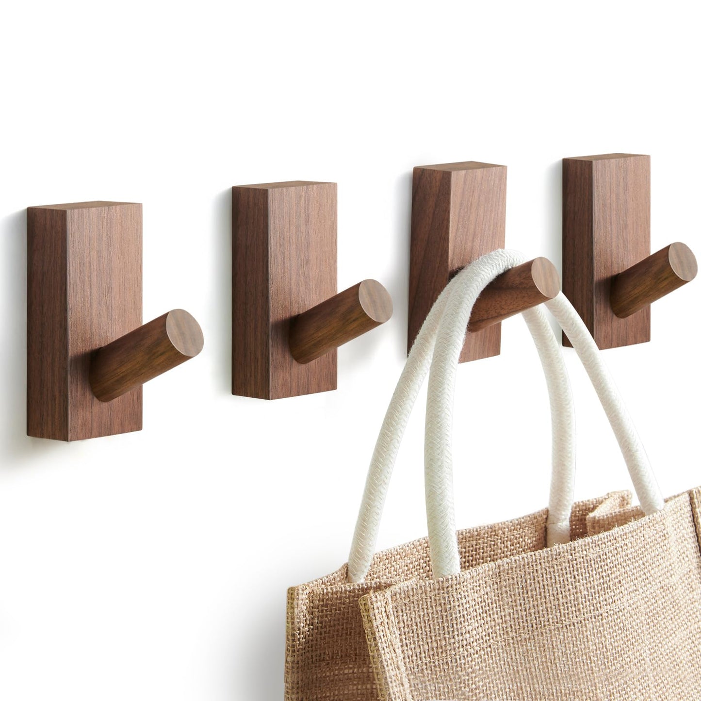 Felidio Natural Wooden Wall Hooks, Adhesive & Screw Mount Coat and Towel Hooks - Decorative Key Holder, Hat Rack, Stocking Wall Hangers for Bathroom Entryway Closet - 4 Pack, Walnut Wood