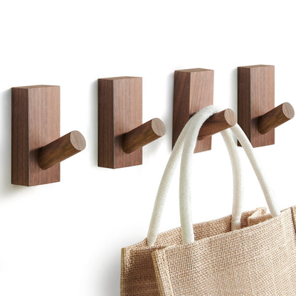 Felidio Natural Wooden Wall Hooks, Adhesive & Screw Mount Coat and Towel Hooks - Decorative Key Holder, Hat Rack, Stocking Wall Hangers for Bathroom Entryway Closet - 4 Pack, Walnut Wood