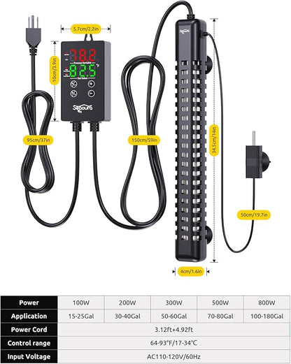 SEAOURA Aquarium Heater, 500W Fish Tank Heaters for 70-80 Gallon, Submersible Turtle Heater with Intelligent Controller Safety Protection, Automatic Power-Off When Leaving Water
