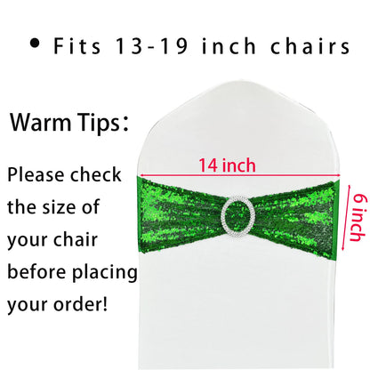 LIZIMI Sequin Chair Sashes Stretch Chair Bands Spandex Polyester Bows for Party Hotel Wedding Banquets Decoration - 6 Pcs Green
