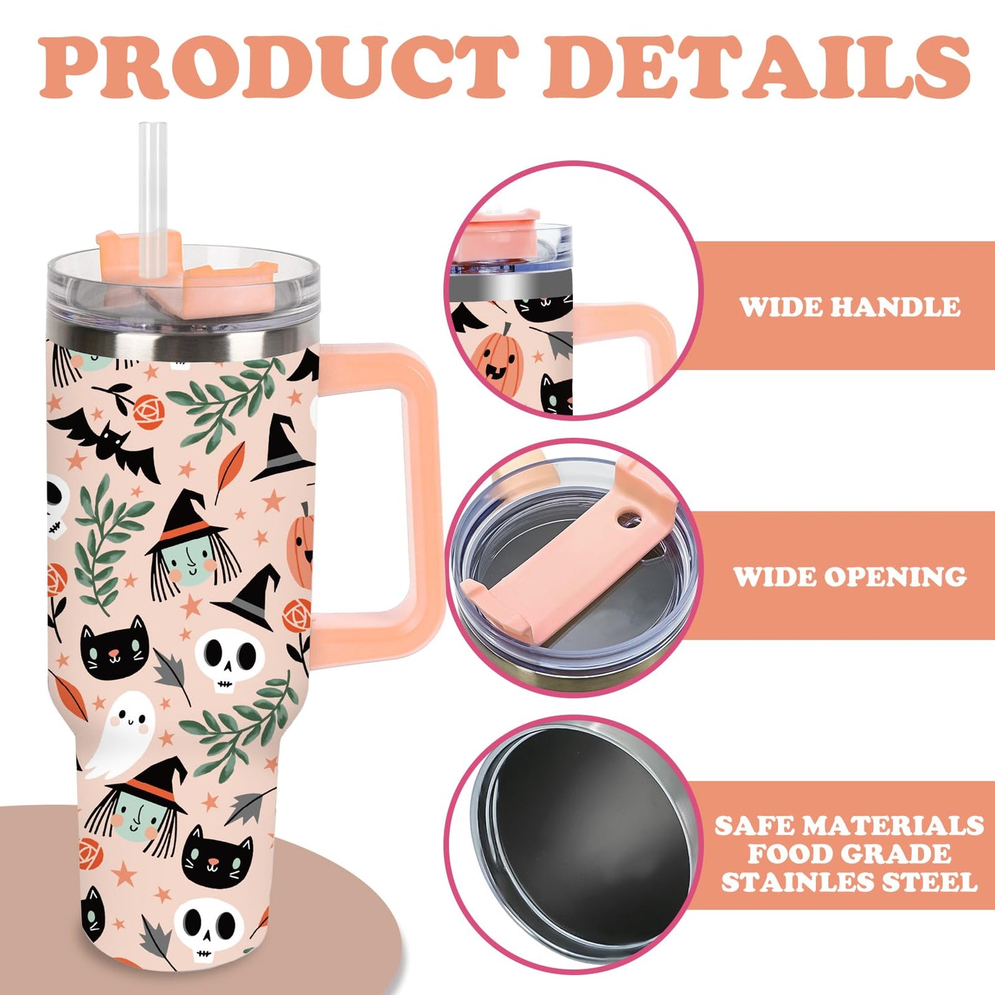 JarThenaAMCS 40oz Halloween Tumbler with Handle Straw and Lid Spooky Skull Ghost Pumpkin Travel Tumbler Coffee Cup for Holiday Party Home Office