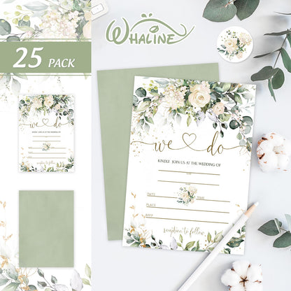 Whaline 25 Sets Greenery Floral Wedding Invitation with Envelopes Stickers Eucalyptus Leaves Fill in Blank Invites Cards for Bridal Shower, 5 x 7 Inch