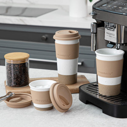Nucookery Ceramic Travel Coffee Mug Set, Coffee Tumbler with Silicone Lid and Non-Slip Sleeve, Unique To Go Mug, Gifts for Women & Men, Microwave Safe Cappuccino, Tea, Latte, Iced-Coffee Cups, White