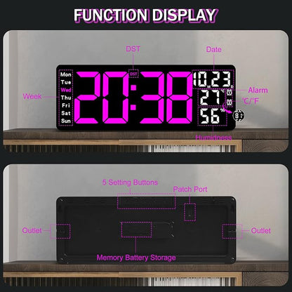 JoFomp 17.3" Large Digital Wall Clock, LED Digital Clock Large Display with Remote Control, Alarm Clock with Temp/DST/Dimmer/Humidity/Timer/Ambient Light - 12/24H, Alarm Wall Clock for Bedroom