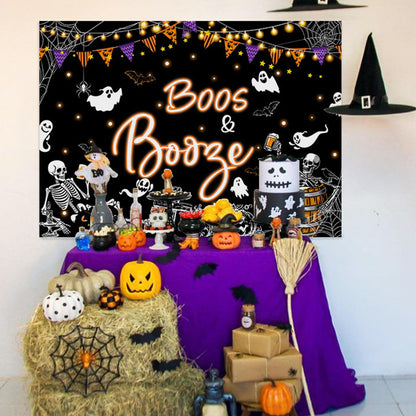 Mocsicka Halloween Boos and Booze Backdrop Skeleton Halloween Banner for Adult Cocktails Party Background for Photography Ghost Spooky Party Supplies (Black, 7x5ft(82"x60"))