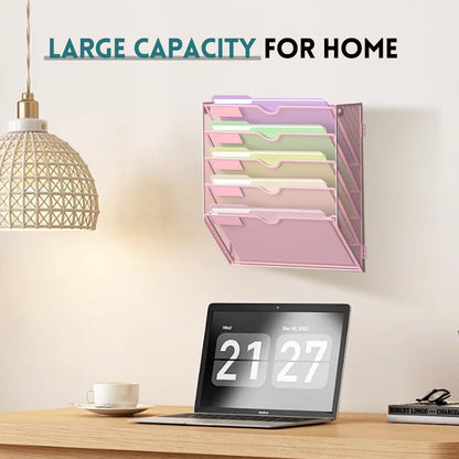SUPEASY 5 Tier Wall File Organizer, Hanging Wall Mounted Mail Organizer with Label Slots, Metal Mesh File Holder Magazine Rack for Office, Home, School, Pink