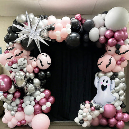 Froova Halloween Balloon Arch Kit, 131 Pcs Pink Black Silver Balloon Garland with 3D Bat Stickers Ghost Star Balloons for Girls Halloween Baby Shower Spooky Birthday Party Decorations