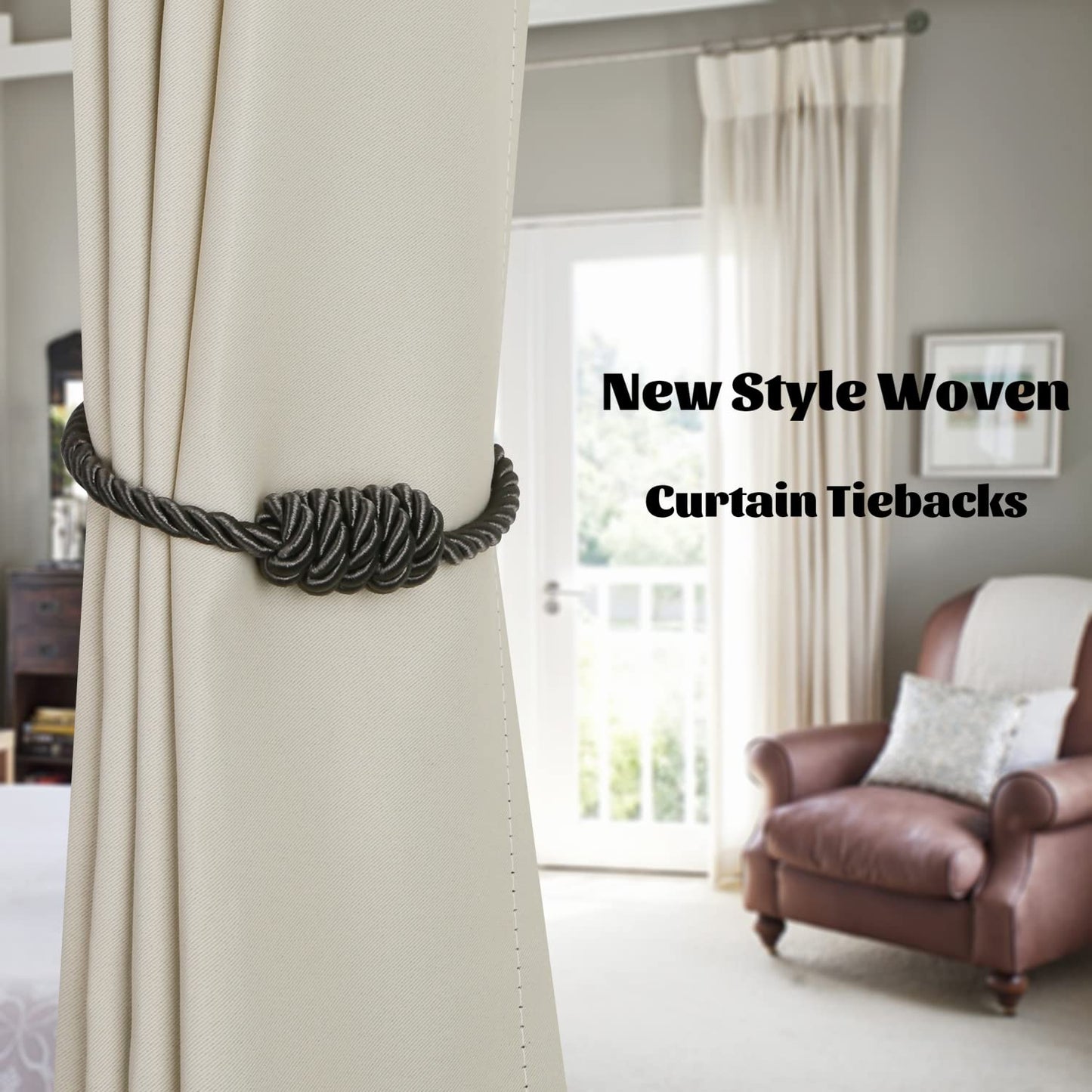 BEL AVENIR Magnetic Curtain Tiebacks, Decorative Drapery Holdbacks Modern Woven Tie-Backs with Exquisite Knot (Charcoal, 4 Pack)
