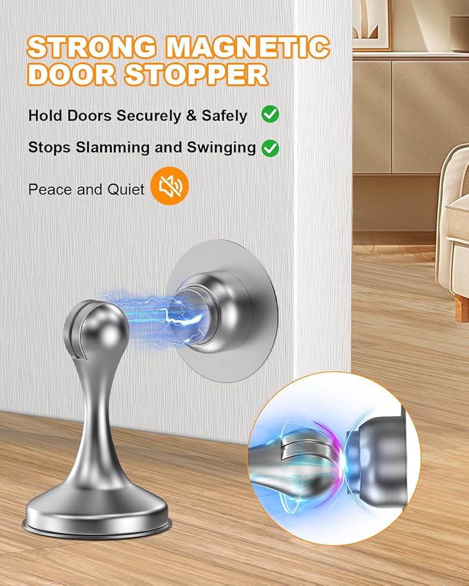 Crosize Magnetic Door Stoppers 6 Pack, Stainless Steel Door Stops for Wall and Floor Mounting, Door Holder Keep Door Open, No Drilling Door Stop with 3D Adhesive Tapes, Silver