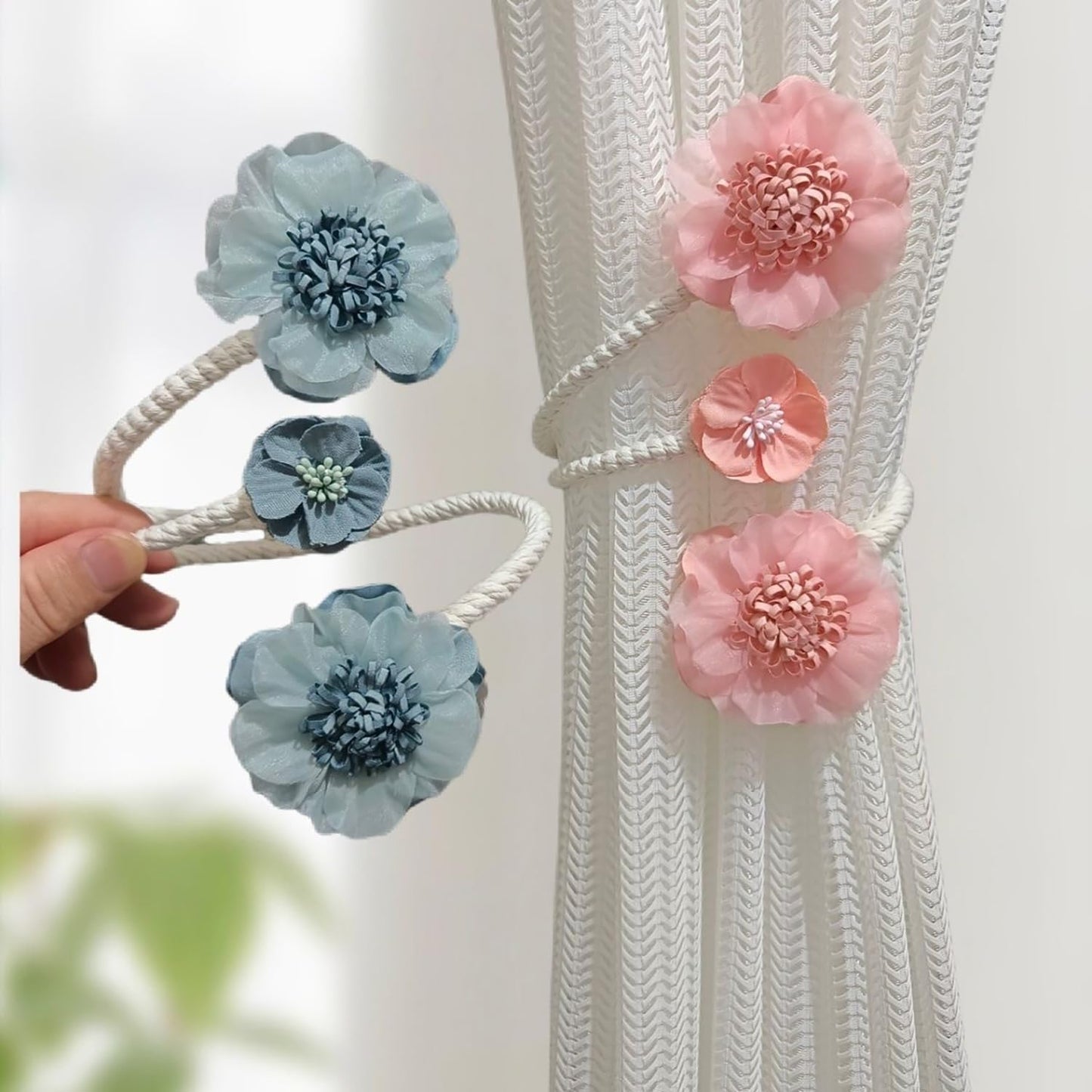 Curtain Tiebacks 2 Packs, Artificial Flower Curtain Holdbacks Clips,Flexible Curtain Buckle Elegant Decorative for Home Living Room Bedroom (Blue)