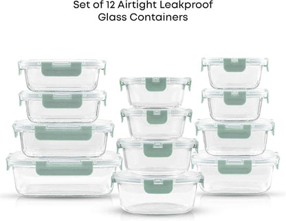 JoyJolt 24pc Borosilicate Glass Storage Containers with Lids | 12 Airtight/Freezer Safe Food Storage Containers for Pantry and Kitchen | Meal Prep Container for Lunch | Glass meal Set