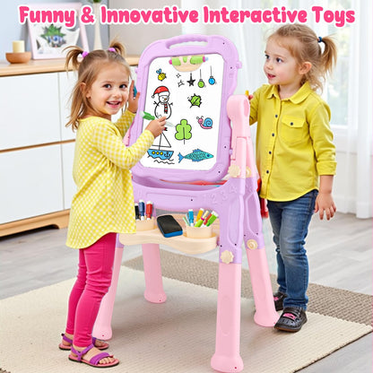 Kids Double Sided Art Easel for Toddlers Magnetic White Board Chalk Board with Painting Accessories Adjustable Stand Drawing Educational Learning Toys - Age 3 4 5 Year Old Girl Birthday Gifts Pink