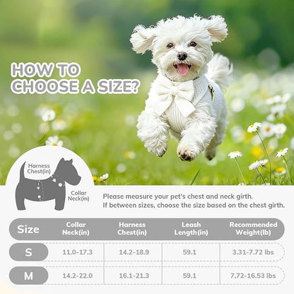 Small Dog Collar Harness and Leash Set with Bowtie, Adjustable Dog Harness Collar and Leash Set with Secure Metal Buckle, Breathable Cotton Adjustable Pet Puppy Harness, Easy Walk Harness, S(14–18.9")