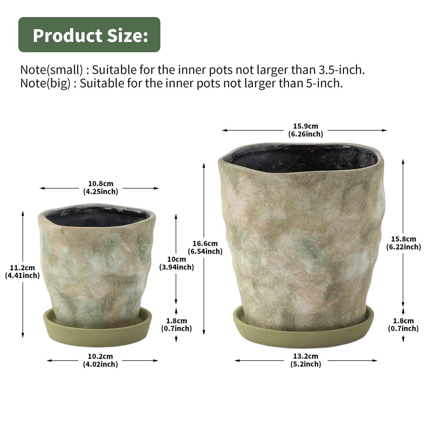 Pkeo Bbun 4+6 Inch Ceramic Planter Set of 2 with Drainage Hole,Saucer for Plants, Indoor-Outdoor Large Round Succulent Orchid Flower Pot- Cement Paint, Inner-pots not Larger Than 5 Inch Light Green