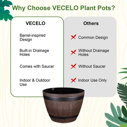 VECELO Plant Pots with Drainage Holes & Saucer, 13 Inch Flower Pots with Tray, 3 Pack Plastic Whiskey Barrel Planters for Indoor & Outdoor Garden Home Plants and Flowers