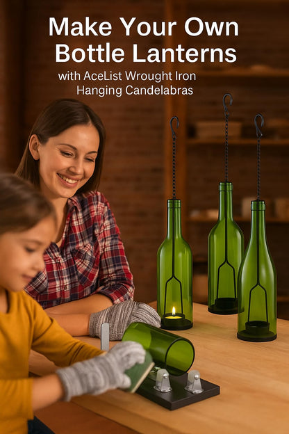 AceList 4-Pack Hanging Candle Holder for Cut Glass Bottles – Rustic Black Iron DIY Wine Bottle Lantern for Patio, Wedding, Halloween, Christmas Décor & Gift
